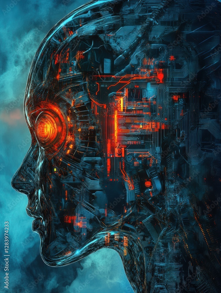 Leinwandbilder Fusion of human and machine in a futuristic landscape featuring an AI enhanced cybernetic form. Generative AI