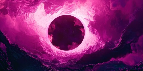 Large pink and purple space with a black hole in the center