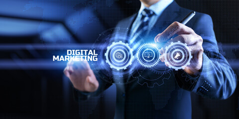 DIgital marketing online internet SEO SEM SMM. Businessman pressing button on screen.
