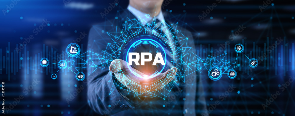 Aufkleber rpa robotic process automation business process optimisation innovation technology concept.