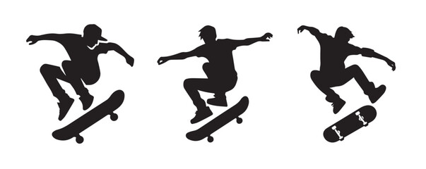 Skateboard boy jumping vector black silhouette lineart logo icon, sports isolated on white background