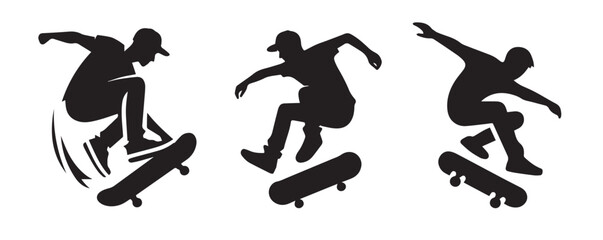 Skateboard boy jumping vector black silhouette lineart logo icon, sports isolated on white background