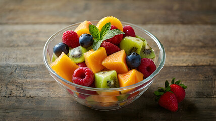 colorful fresh fruit salad with a variety of juicy fruits, perfectly mixed and served in a vibrant, healthy bowl