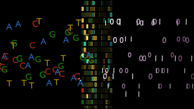 DNA digital data storage. ATCG four basic nucleotides in DNA. Encoding / decoding binary data to / from DNA strands. Transforming digital and DNA information. 3d render illustration.