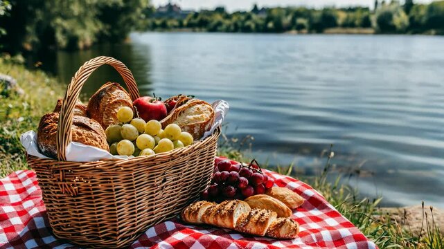 Fresh picnic basket filled with bread, fruit, and pastries by the serene lakeside on a sunny day
