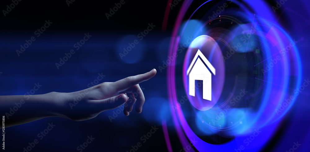 Poster smart home automation wireless control iot internet of things concept. hand pressing button.