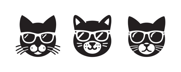 Cat wearing sunglass vector black silhouette lineart logo icon, cute kitten animal isolated on white background