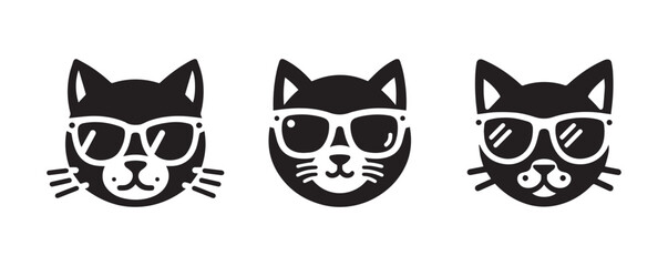 Cat wearing sunglass vector black silhouette lineart logo icon, cute kitten animal isolated on white background