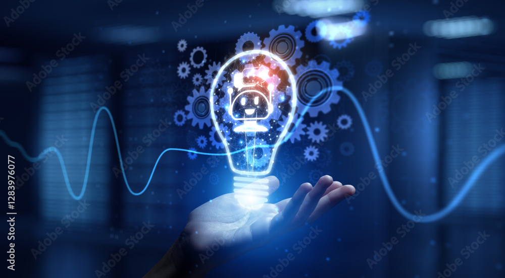 Poster chat bot automating customer interaction and support with human hand holding lamp hologram.