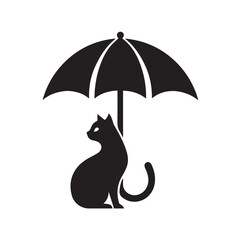 cute cat sitting on umbrella vector black silhouette lineart logo icon, kitten animal isolated on white background