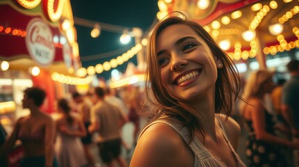 Obraz premium Happy Young Woman at a State Fair Carnival at Night, Carousel and Rides Behind Her