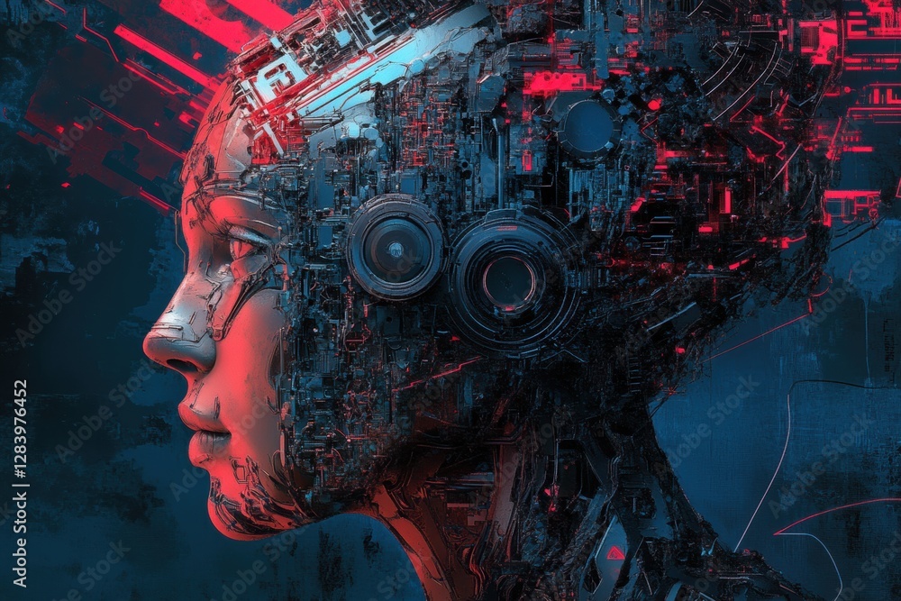 Poster human head outline merging organic and mechanical forms with detailed cybernetic textures in a sci f