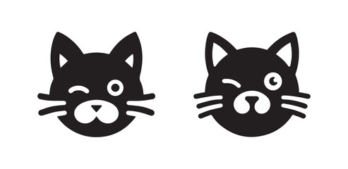 cute cat face wink vector black silhouette lineart logo icon, kitten animal isolated on white background