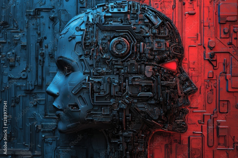 Fototapete human head outline merging organic and mechanical elements with detailed cybernetic textures in a sc