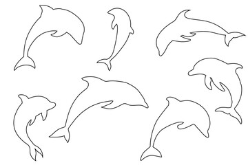 Obraz premium Dolphins graphic icons set. Signs swimming dolphins isolated on white background.