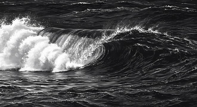 Dramatic Ocean Wave with Swirling Foam, Showcasing the Power and Beauty of the Sea, Black and White Sketch Engraving, Scratch Board Imitation, Raster Illustration