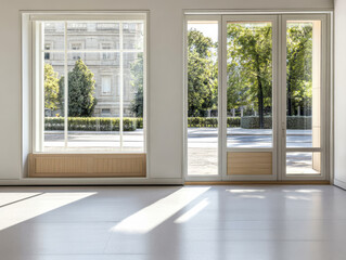 Fototapeta premium Bright interior space with large windows showcasing urban greenery and natural light