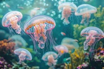 Obraz premium Dreamy underwater dance of luminous jellyfish in a vibrant ocean paradise captivating nature scene tranquil environment enchanting viewpoint