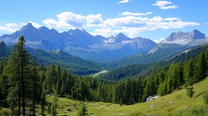 Obraz premium Majestic mountain landscape with lush greenery and serene blue skies in the day. Generative AI