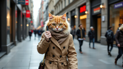 Obraz premium A woman wearing a coat with cat ears on her head standing outdoors.