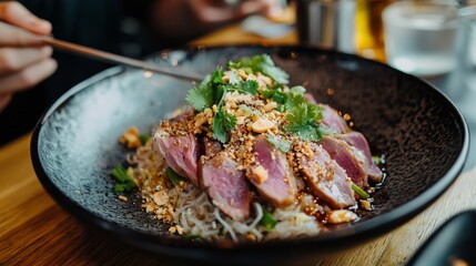 A beautifully plated Thai pork waterfall dish, garnished with scallions, cilantro, and roasted rice powder. --chaos 20 --ar 16:9 --quality 2 --v 6.1 Job ID: b6dccc9e-e87a-4699-b637-021814dce00f