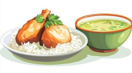 A beautifully presented meal of steamed rice with succulent chicken, served with a side of clear soup. 