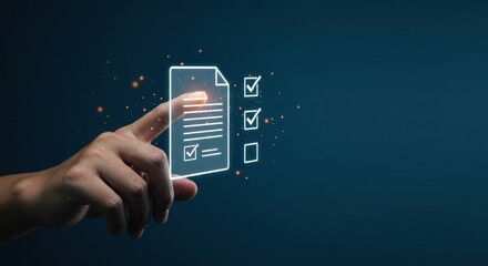 Digital checklist with hand touching virtual screen for task management
