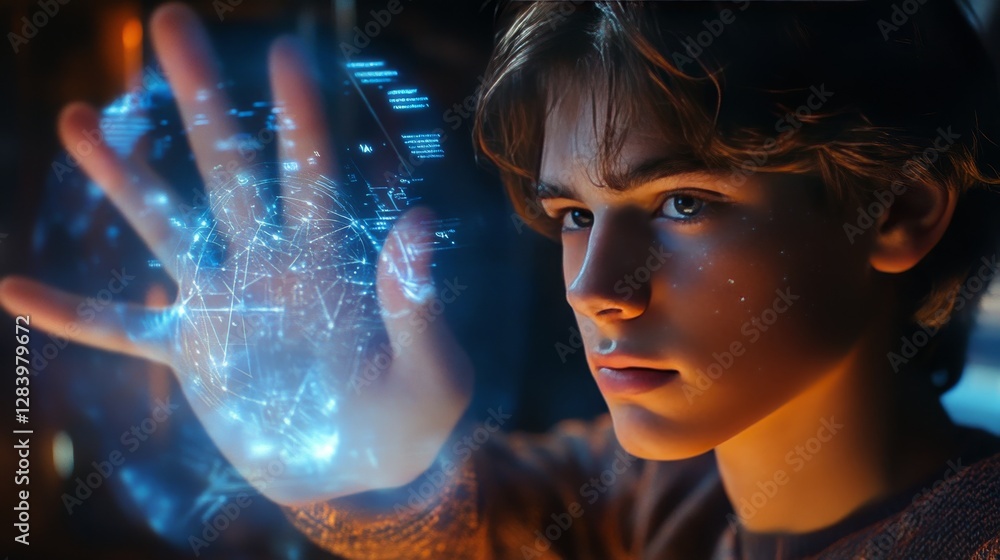 Poster a young man interacts with a futuristic holographic interface that combines real and virtual objects