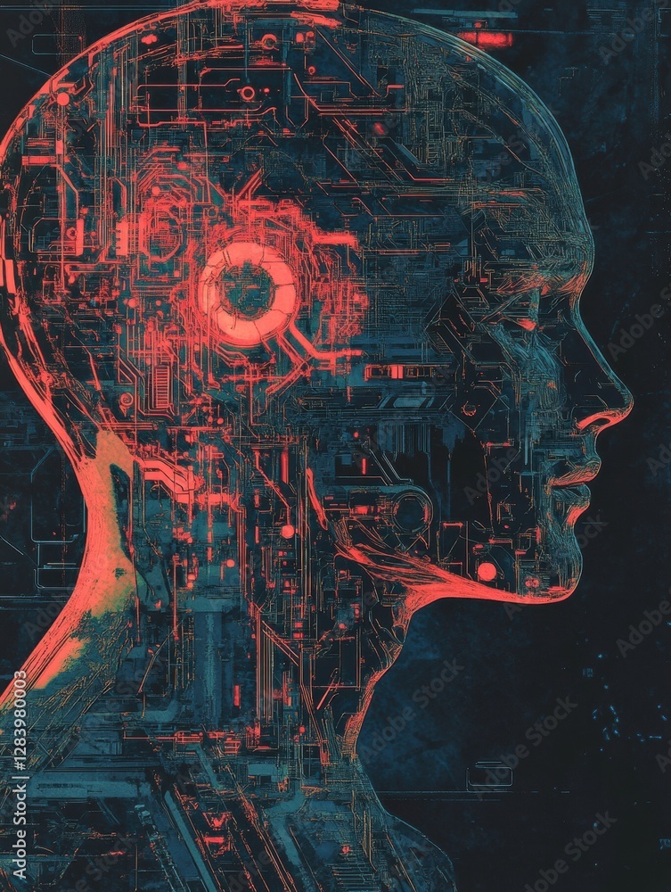 Aufkleber blend of organic and mechanical forms showcases a futuristic human head merging with ai technology i