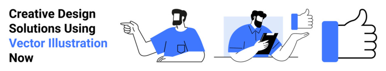 Male figure pointing to an idea, another using a tablet for collaboration, and a thumbs-up symbol denoting approval. Ideal for teamwork, creativity, design process, communication, brainstorming