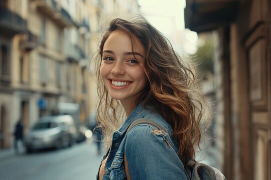Fototapeta Happy young caucasian girl smiling at camera standing at city street. Outside portrait of joyful beautiful italian woman over urban background.