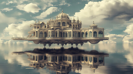 Fototapeta premium Intricate floating mansion designs showcasing unique architectural styles in a surreal landscape. Surrealist Floating Architecture. Illustration