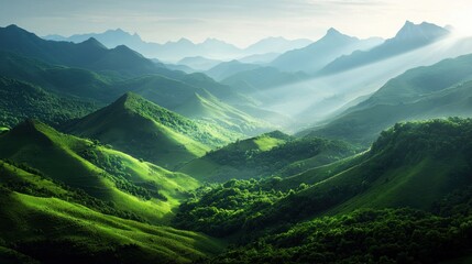 Naklejka premium Misty sunrise over mountains in lush valley landscape