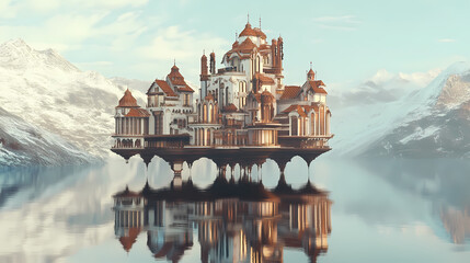 Intricate floating mansion designs showcasing unique architectural styles in a surreal landscape. Surrealist Floating Architecture. Illustration