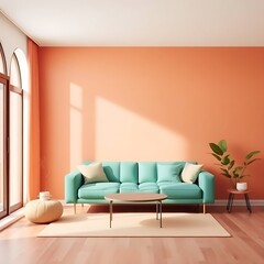 Fototapeta premium Idea of a blue minimalist living room interior with sofa, vases on the wooden floor and decor on the large wall and white landscape in window. Home nordic interior. 3D illustration 