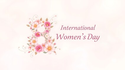 Happy women's day pink background with 8th March  pink flowers 8 number