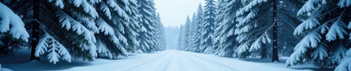 Fototapeta premium Dense winter forest landscape with snow-covered road and Christmas trees in the foreground, winter forest, evergreen forests