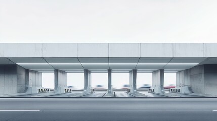 Toll booth at the entrance of a large, modern highway interchange. Featuring efficiency and movement