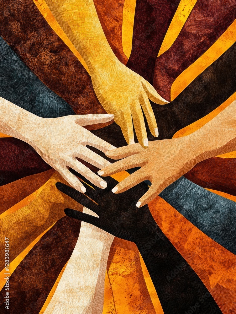 Poster Interconnected hands symbolize unity and support among diverse communities in a vibrant illustration showcasing diversity. Generative AI