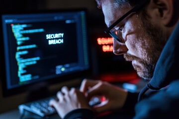 A focused hacker working on a computer, illuminated by screen light with a prominent 'SECURITY BREACH' message, showcasing urgency and tension in cybersecurity.