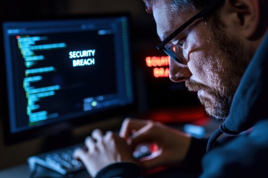 A focused hacker working on a computer, illuminated by screen light with a prominent 'SECURITY BREACH' message, showcasing urgency and tension in cybersecurity.