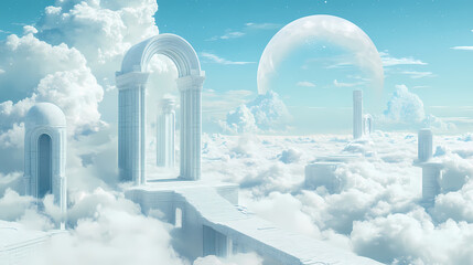 Surreal landscape featuring floating buildings and arches above clouds, evoking dreamlike exploration. Surrealist Floating Architecture. Illustration