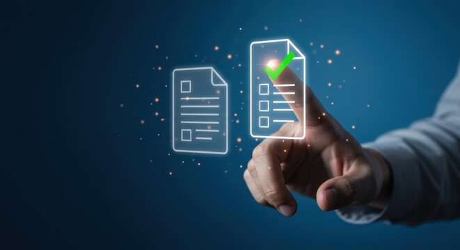 Digital document approval process with checklist and green checkmark - Powered by Adobe