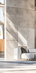 Modern living room with minimalist design and natural lighting in a spacious environment