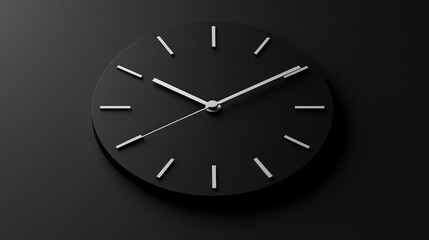 A minimalist wall clock with white hands and numerals, mounted on a black background to highlight its simple design.
