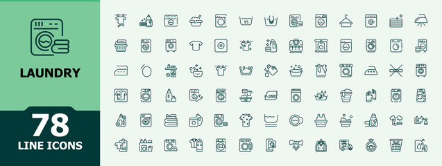 Laundry line icons. Included icons as linens, fabric cleaning, cloth care, launderette, washing, laundry services and more. Outline icon collection. Modern and minimalist vector illustration.