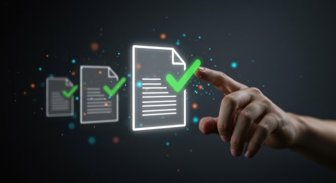 Digital Document Approval Process with Glowing Checkmarks and a Touchscreen