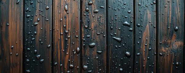 Fototapeta premium Raindrops on wooden surface: macro view of water droplets on dark planks