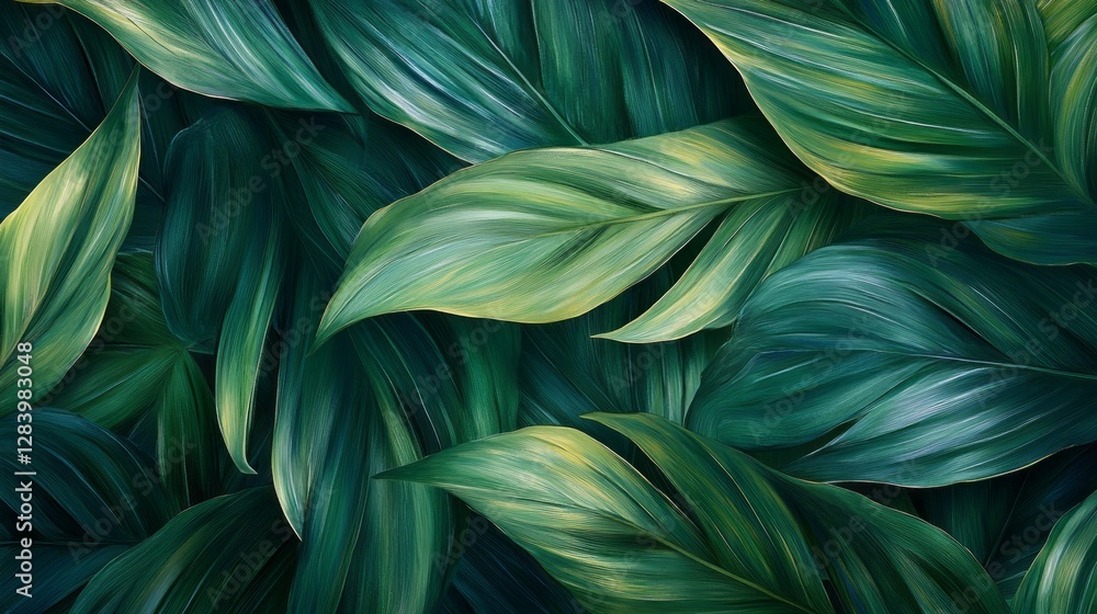 Poster a close-up view illustrates an intricate pattern of overlapping palm leaves, highlighting their vibr