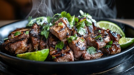Fototapeta premium A steaming hot plate of Thai pork waterfall, featuring grilled pork and a drizzle of spicy lime dressing. 